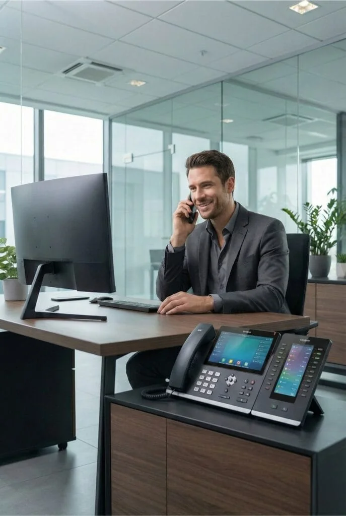 Ejecutivo atendiendo una llamada con teléfono IP conectado por SIP Trunk